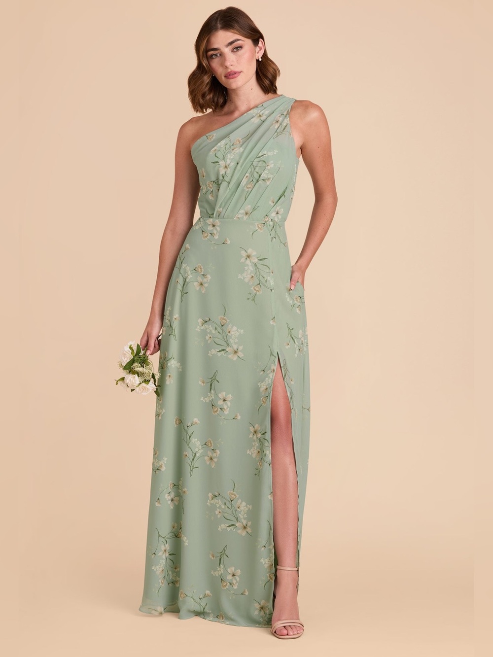 Birdy Grey Kira One shoulder Maxi Dress Chiffon Sage Le Fleur with slit